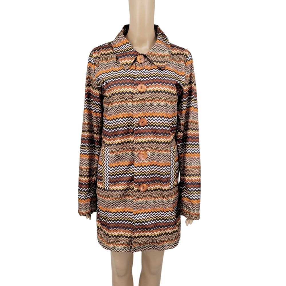 ISLE Retro Inspired Zigzag Chevron Patterned Rain Coat Women Medium Orange Brown